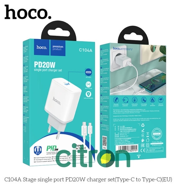 HOCO C104A Set încărcător PD20W cu un singur port (Type-C la Type-C) (UE) alb