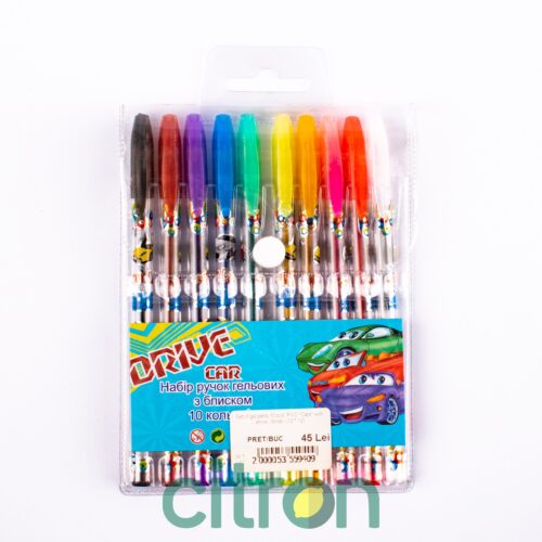 Set of gel pens 10 pcs. PVC "Cars" with shine., Smell. (12 * 12)