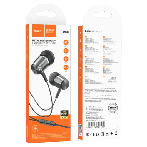 Проводные наушники HOCO M108 Spring Metal Universal с микрофоном (тёмно-серые / Metal Gray)
