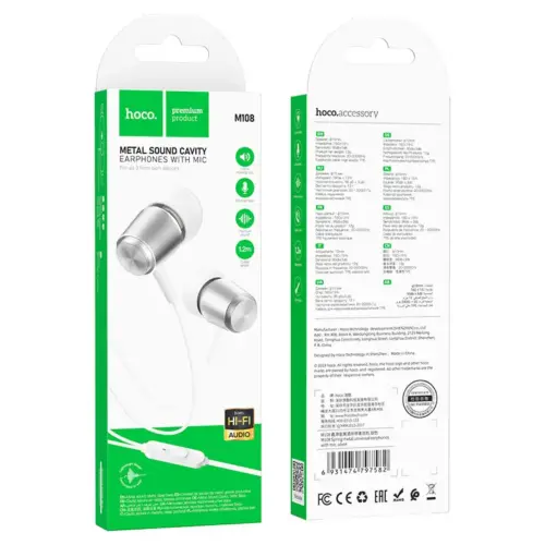 Проводные наушники HOCO M108 Spring Metal Universal с микрофоном (серебристые)
